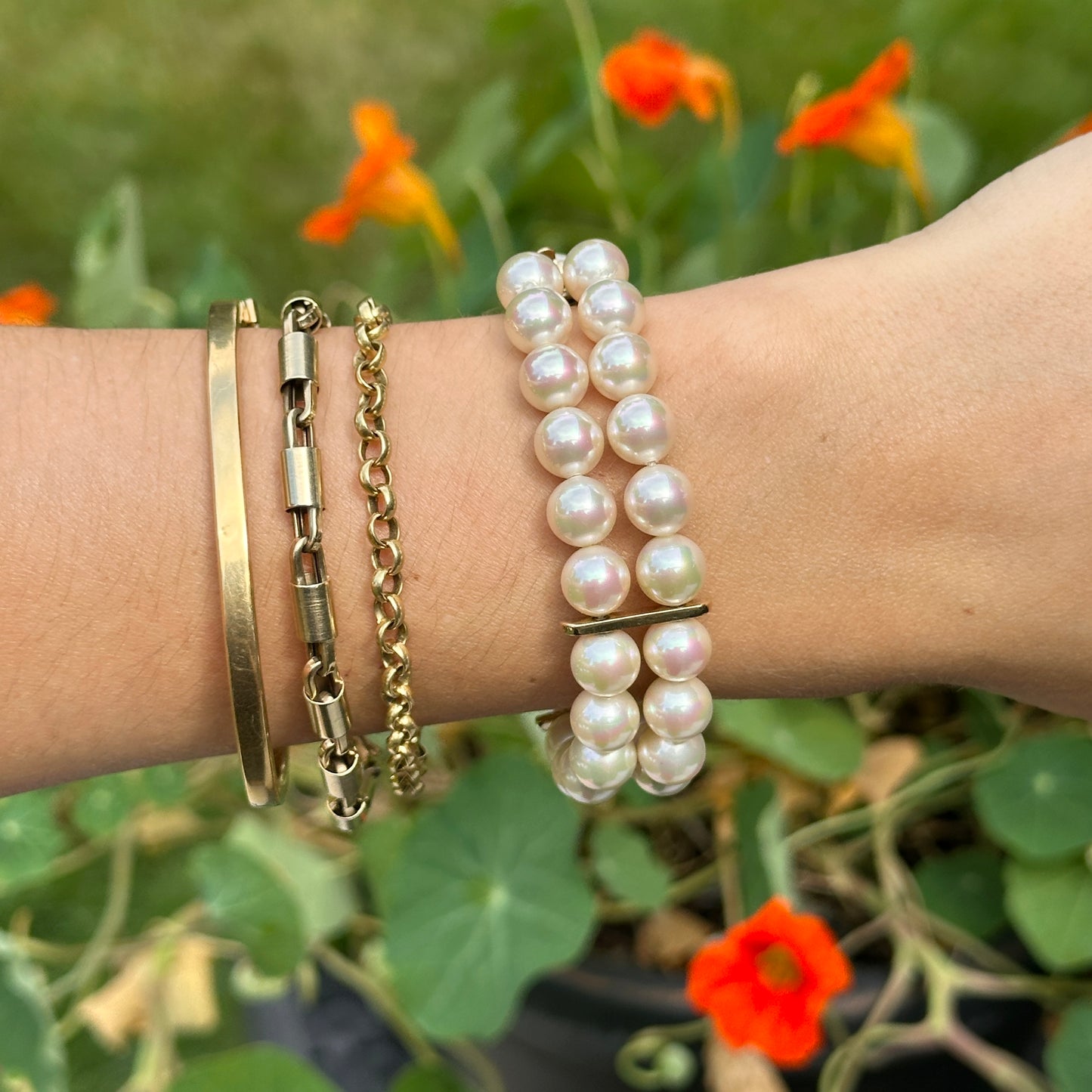 Estate Gold-Plated Silver Faux Pearl Double Strand Bracelet