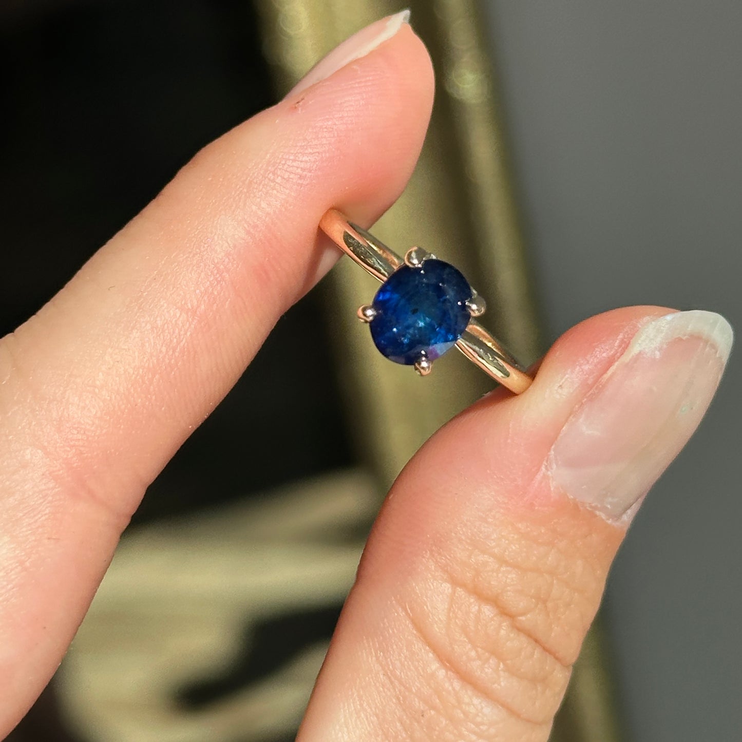 14KT Yellow Gold Oval 1.50 CT Blue Sapphire + Hidden Halo Diamond Ring