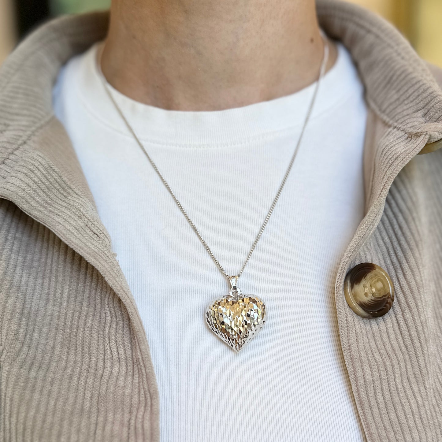 Sterling Silver Diamond-Cut Textured/Smooth Reversible Puffed Heart Pendant