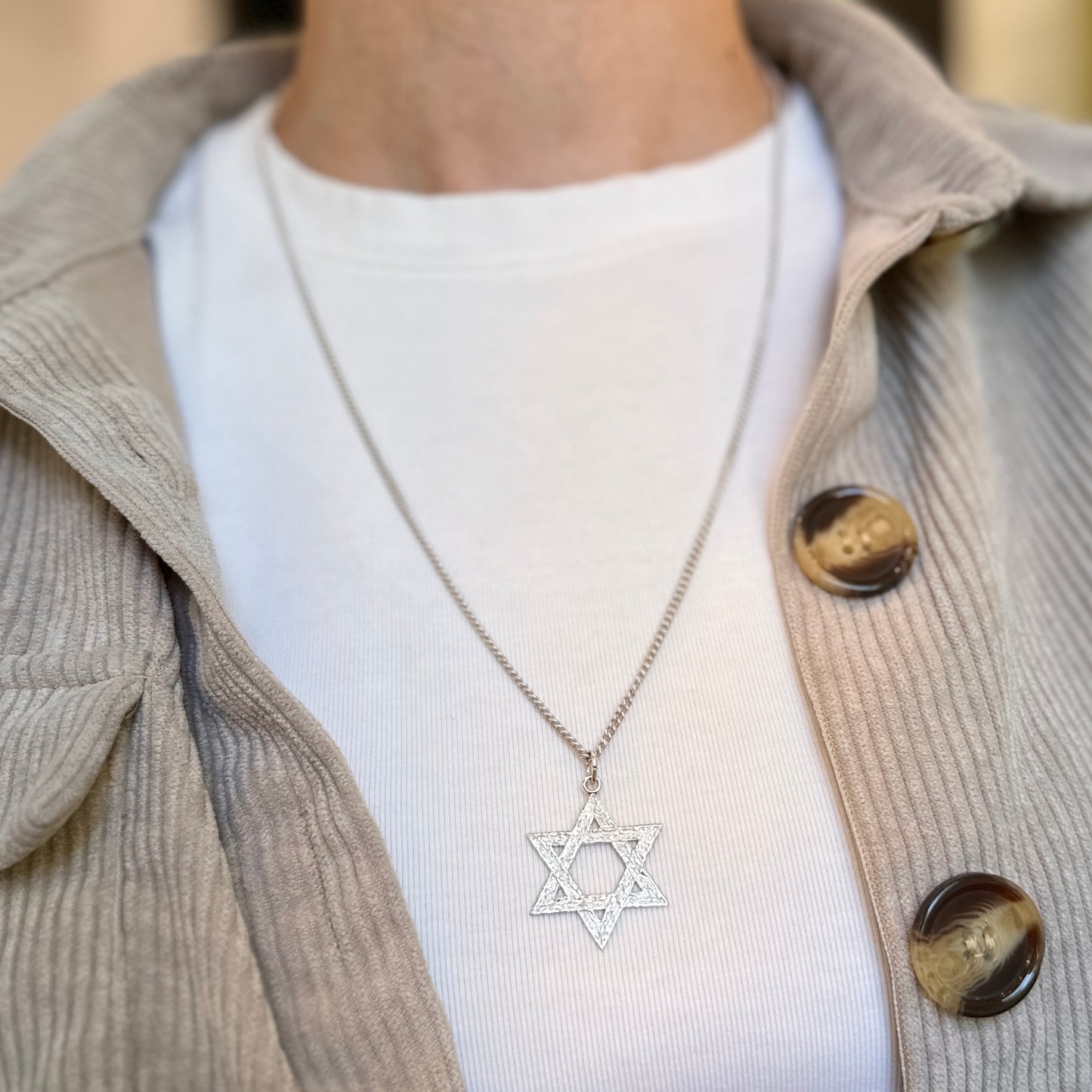 Polished Sterling Silver Textured Star of David Pendant Necklace 18in