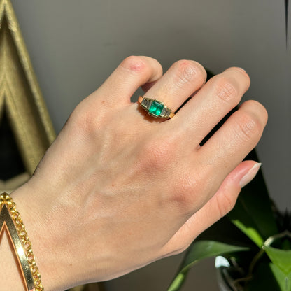 Estate 14KT Yellow Gold Emerald-Cut Emerald + Baguette Diamond Ring