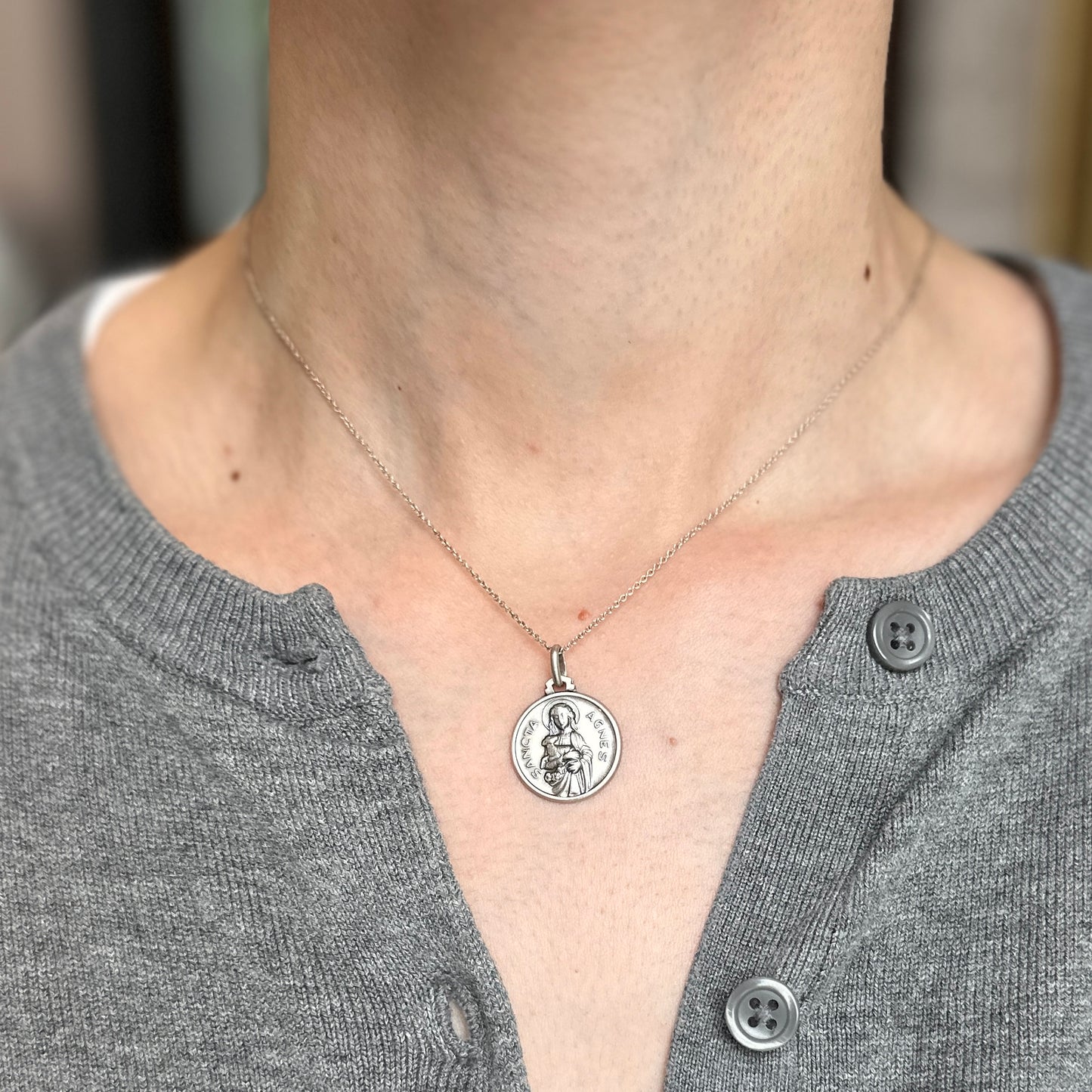 Sterling Silver Antiqued St Agnes of Rome Round Medal Pendant 18mm