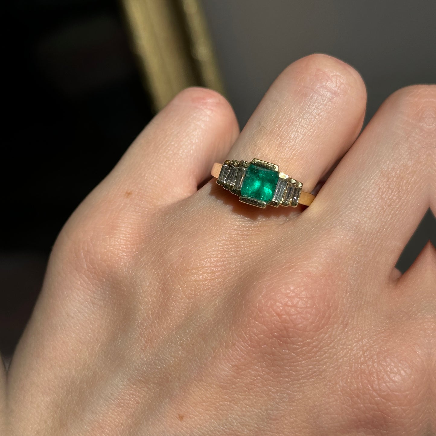 Estate 14KT Yellow Gold Emerald-Cut Emerald + Baguette Diamond Ring