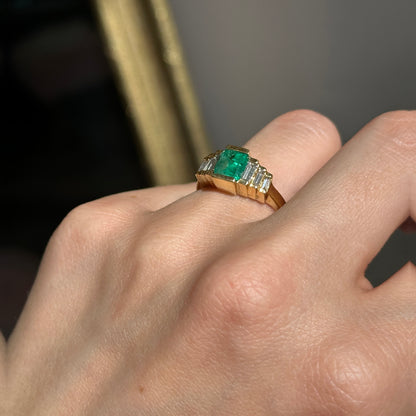 Estate 14KT Yellow Gold Emerald-Cut Emerald + Baguette Diamond Ring