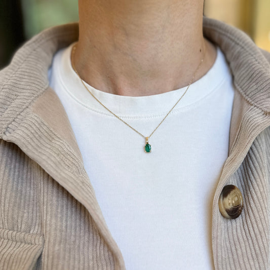 Estate 14KT Yellow Gold Oval Emerald + Diamond Pendant Charm Small