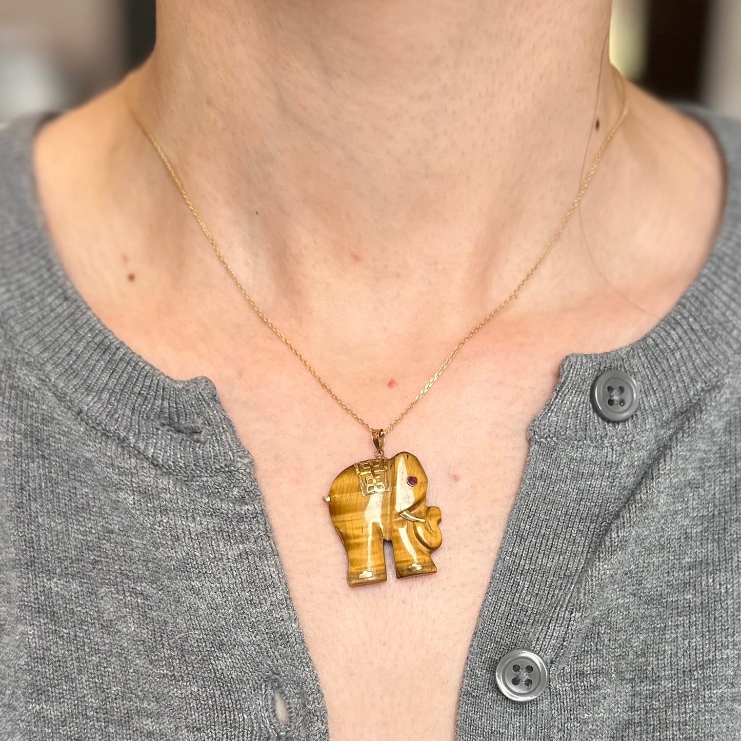 Estate 14KT Yellow Gold Carved Tiger’s Eye Elephant + Red Stone Eye Pendant