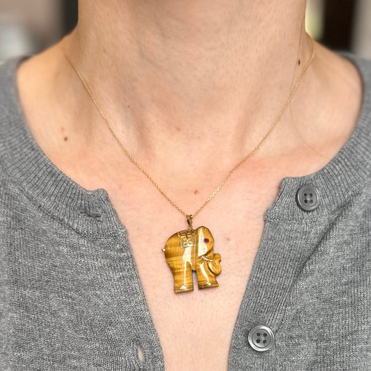 Estate 14KT Yellow Gold Carved Tiger’s Eye Elephant + Red Stone Eye Pendant