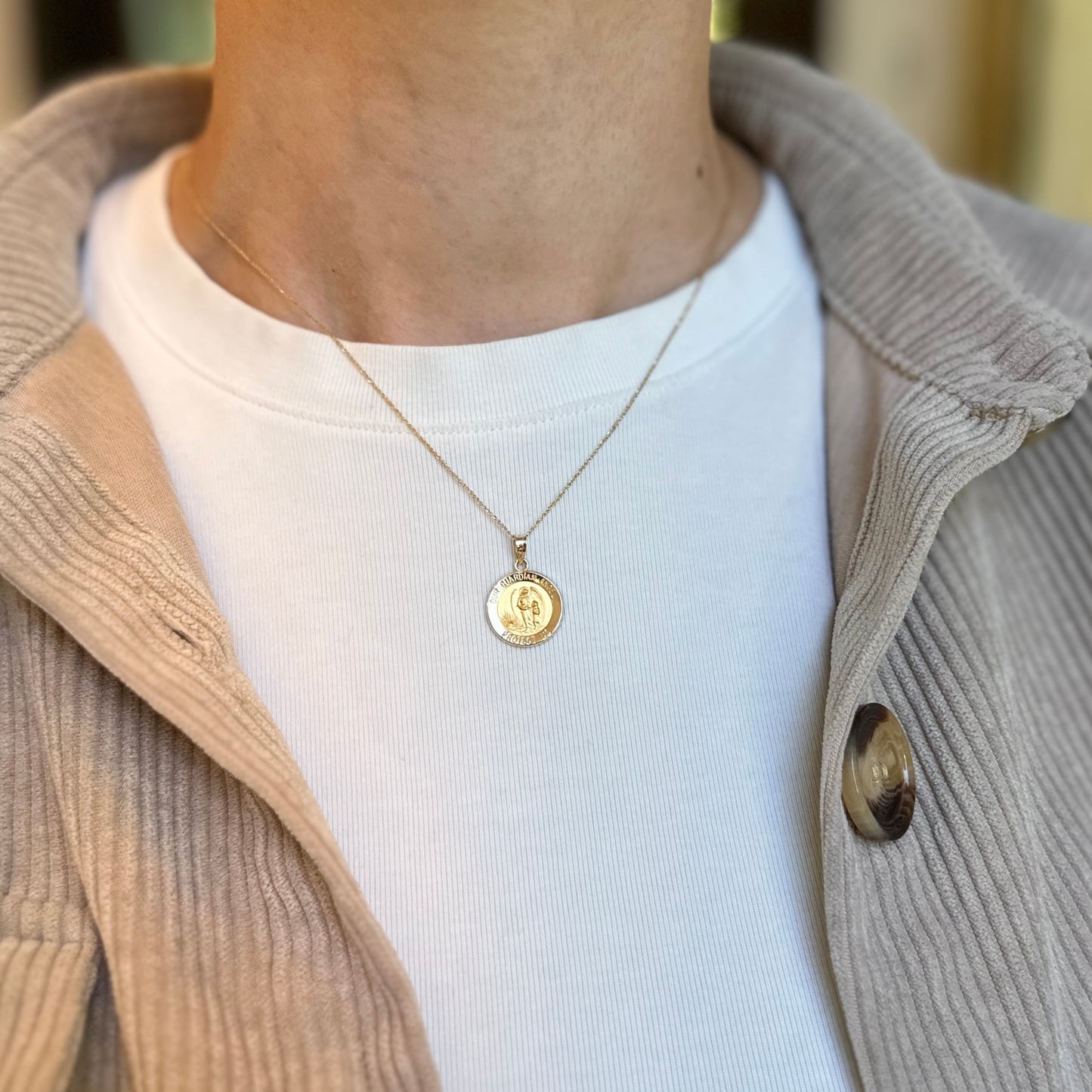 14KT Yellow Gold Guardian Angel "Protect Us" Medal Pendant Charm