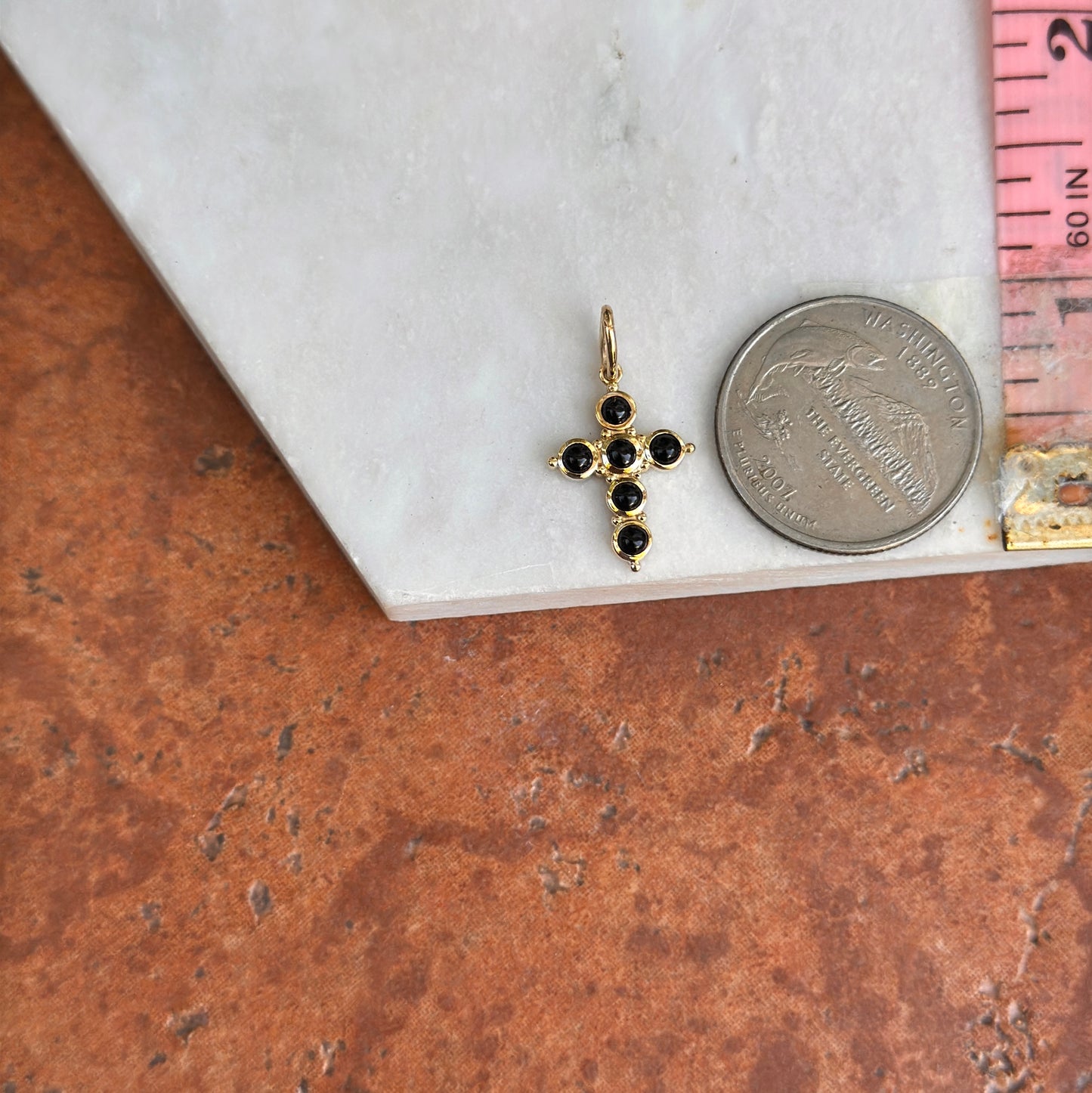 14KT Yellow Gold Black Onyx Cabochon Cross Pendant Charm 26mm