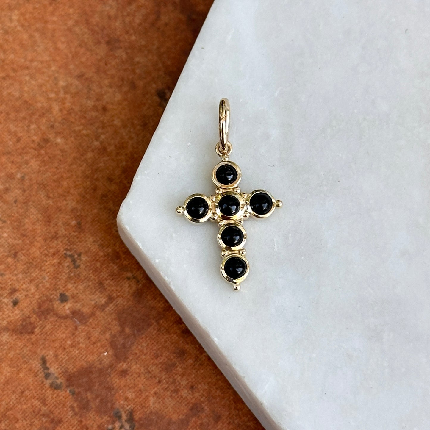 14KT Yellow Gold Black Onyx Cabochon Cross Pendant Charm 26mm