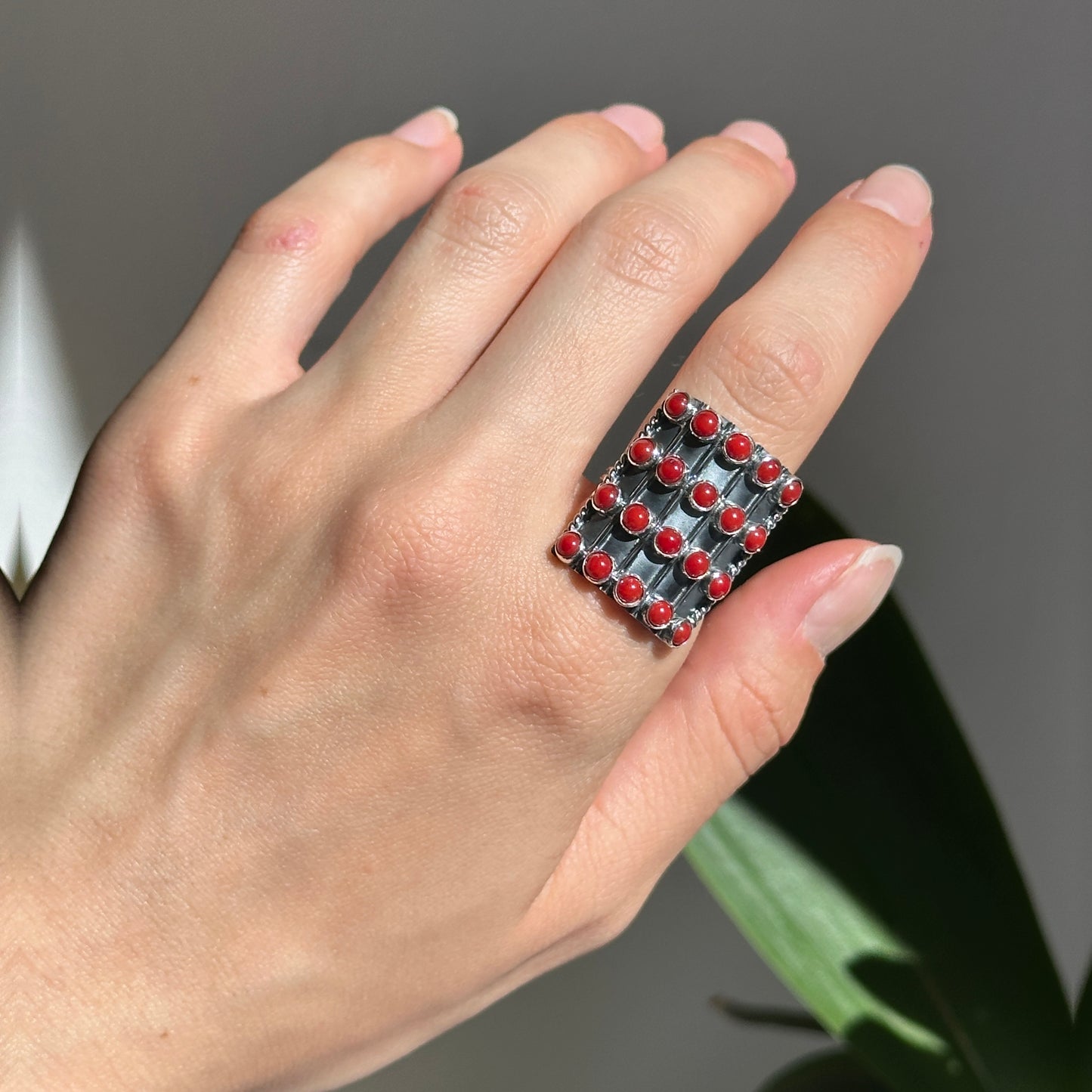 Sterling Silver Red Coral Bamboo Statement Ring