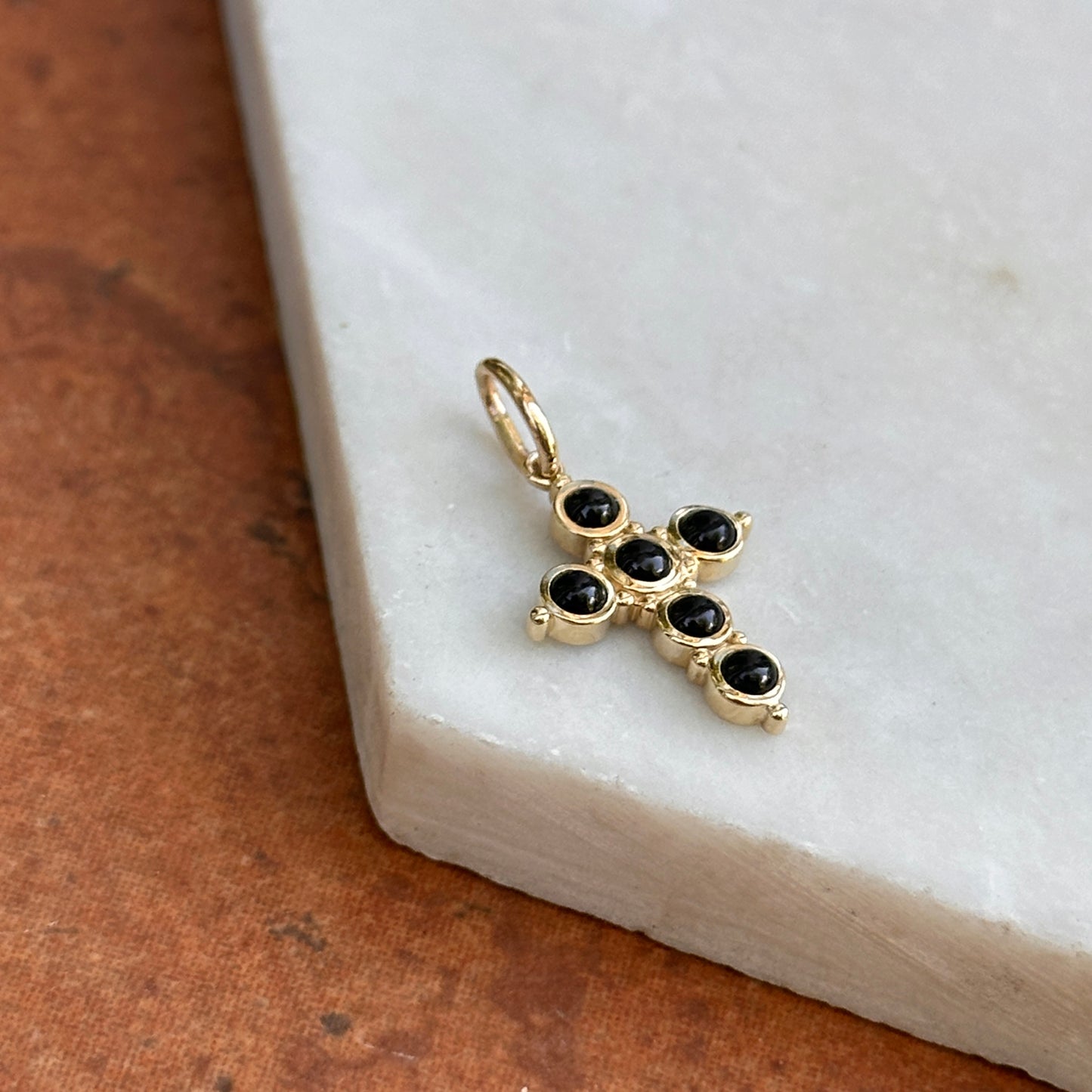 14KT Yellow Gold Black Onyx Cabochon Cross Pendant Charm 26mm