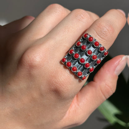 Sterling Silver Red Coral Bamboo Statement Ring