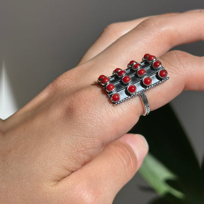 Sterling Silver Red Coral Bamboo Statement Ring