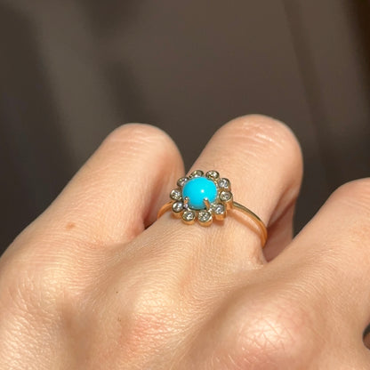 18KT Yellow Gold Round Turquoise + Bezel Diamond Halo Ring
