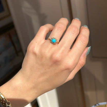 18KT Yellow Gold Round Turquoise + Bezel Diamond Halo Ring