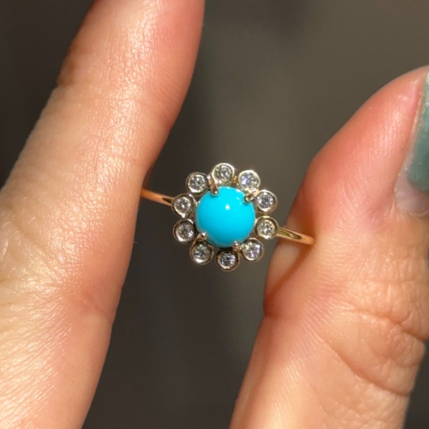 18KT Yellow Gold Round Turquoise + Bezel Diamond Halo Ring