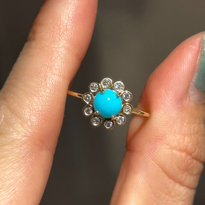 18KT Yellow Gold Round Turquoise + Bezel Diamond Halo Ring