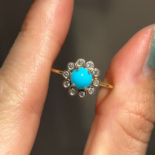 18KT Yellow Gold Round Turquoise + Bezel Diamond Halo Ring