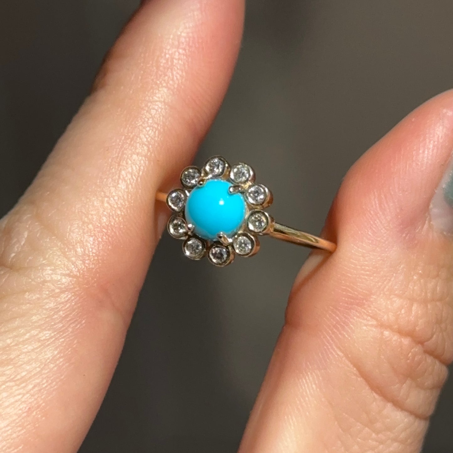 18KT Yellow Gold Round Turquoise + Bezel Diamond Halo Ring