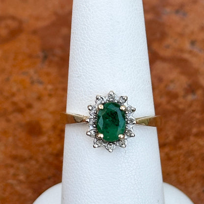 Estate 14KT Yellow Gold Oval Emerald + Diamond Halo Ring