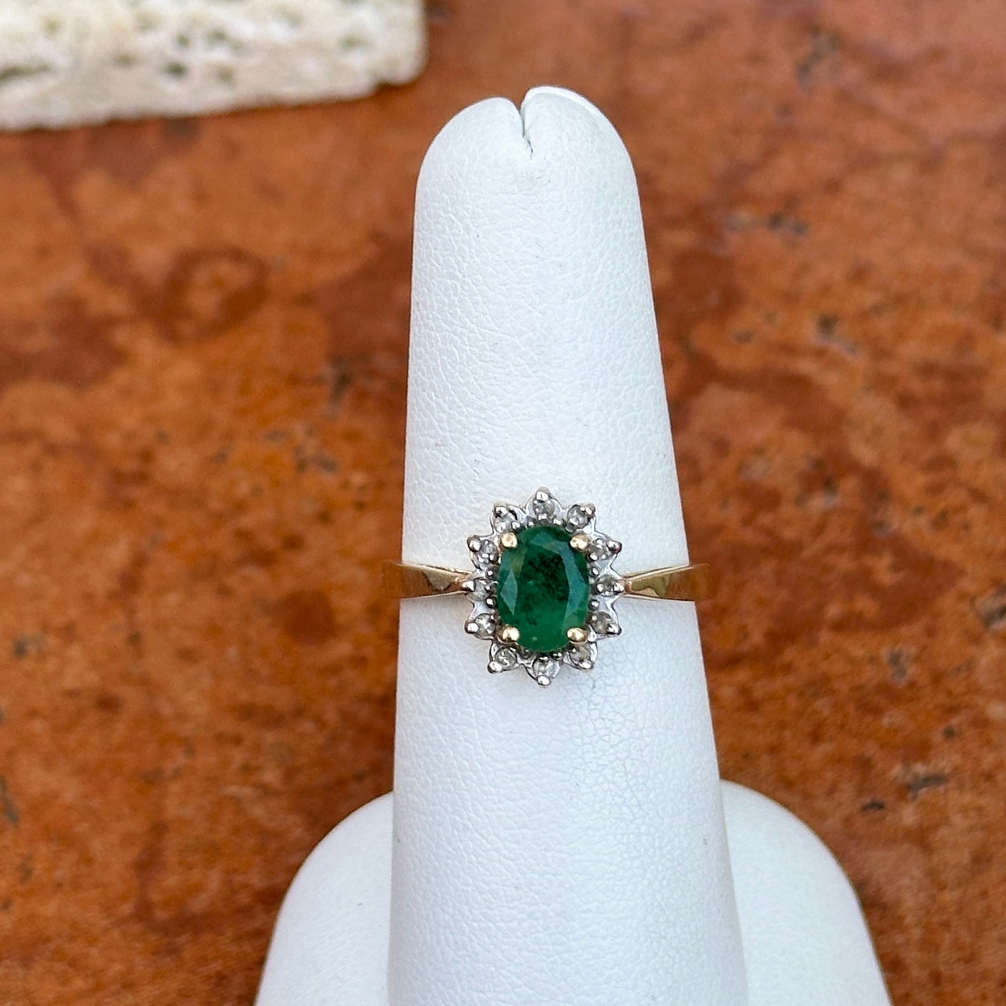 Estate 14KT Yellow Gold Oval Emerald + Diamond Halo Ring