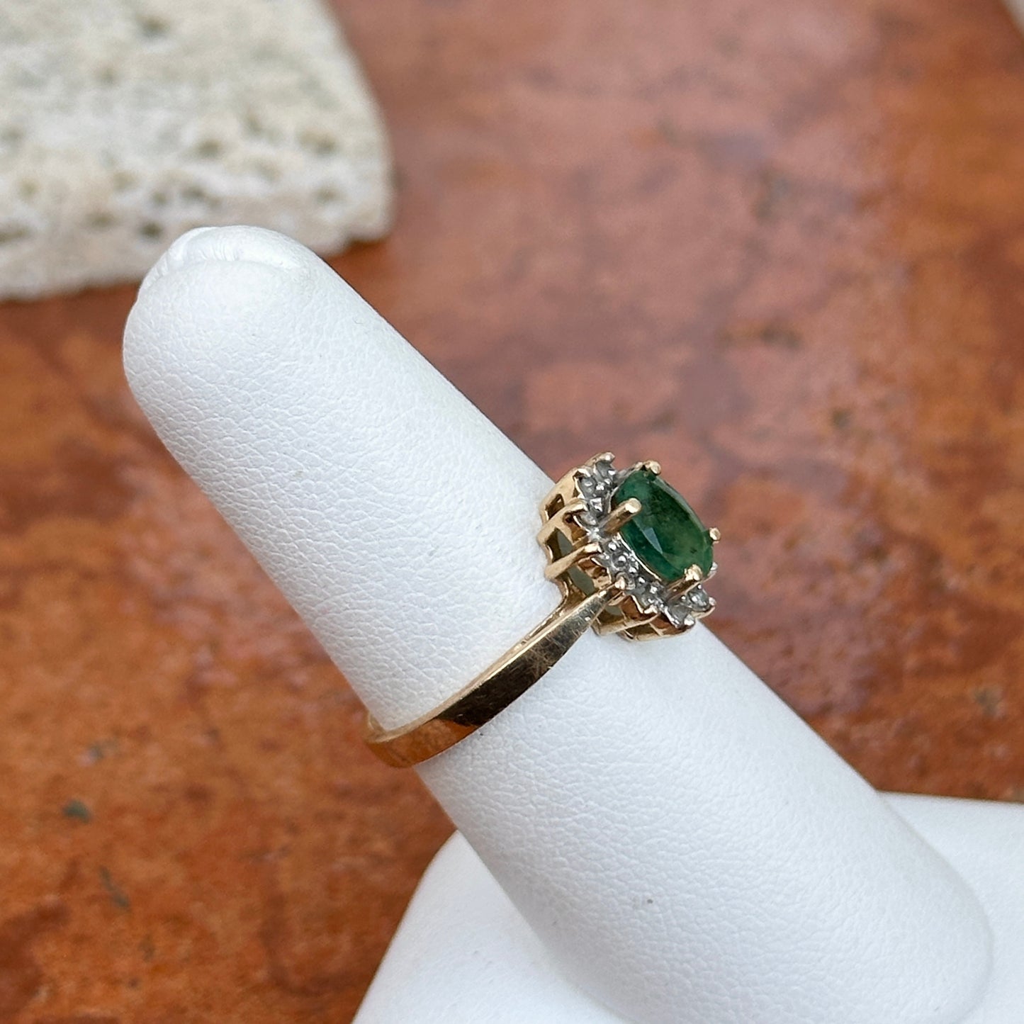 Estate 14KT Yellow Gold Oval Emerald + Diamond Halo Ring