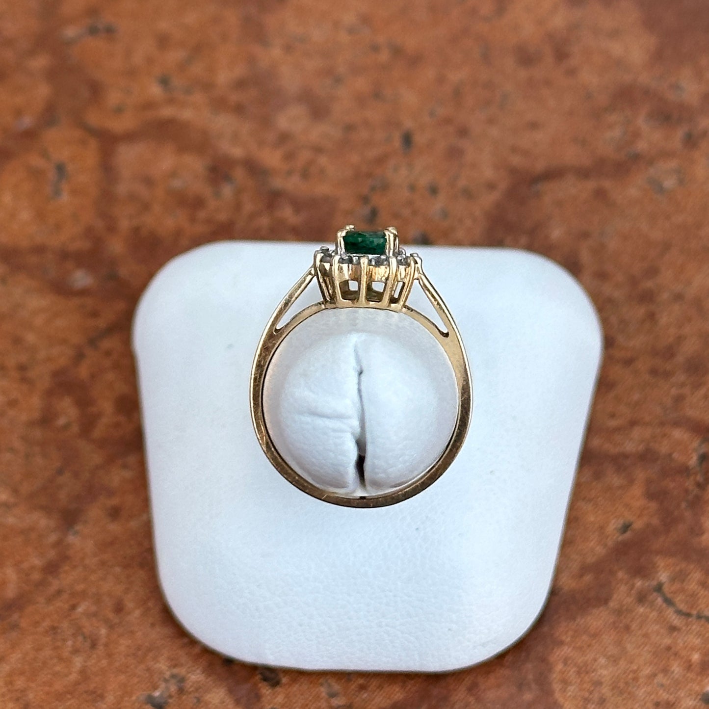 Estate 14KT Yellow Gold Oval Emerald + Diamond Halo Ring