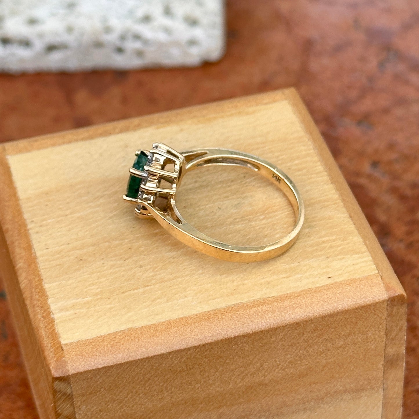 Estate 14KT Yellow Gold Oval Emerald + Diamond Halo Ring