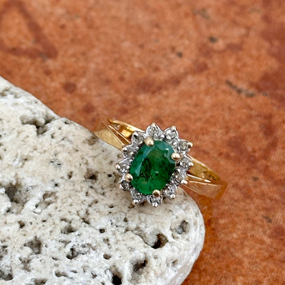 Estate 14KT Yellow Gold Oval Emerald + Diamond Halo Ring