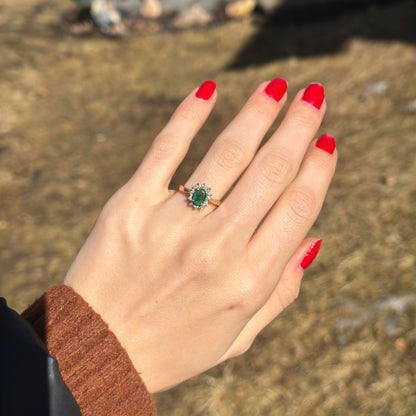 Estate 14KT Yellow Gold Oval Emerald + Diamond Halo Ring