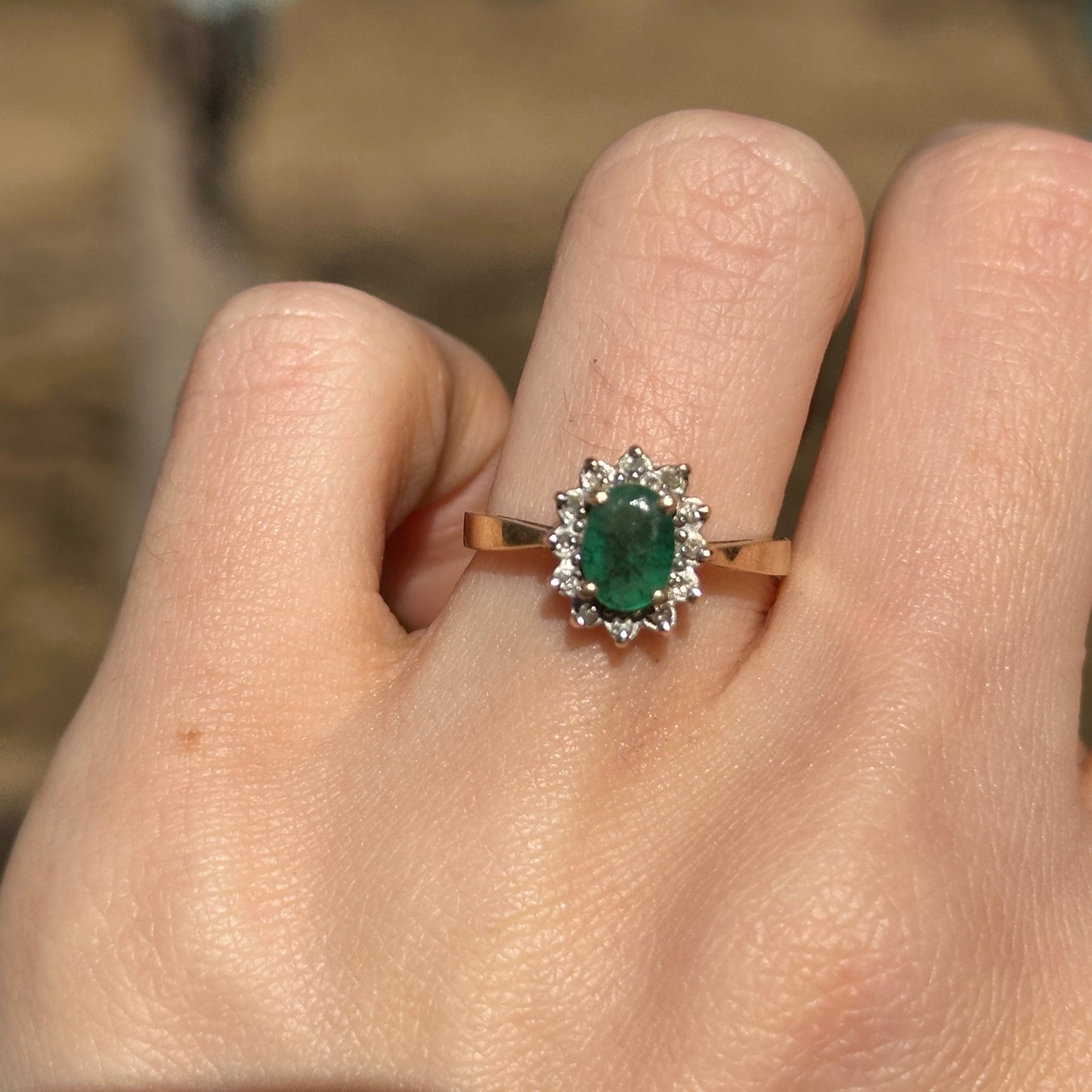 Estate 14KT Yellow Gold Oval Emerald + Diamond Halo Ring