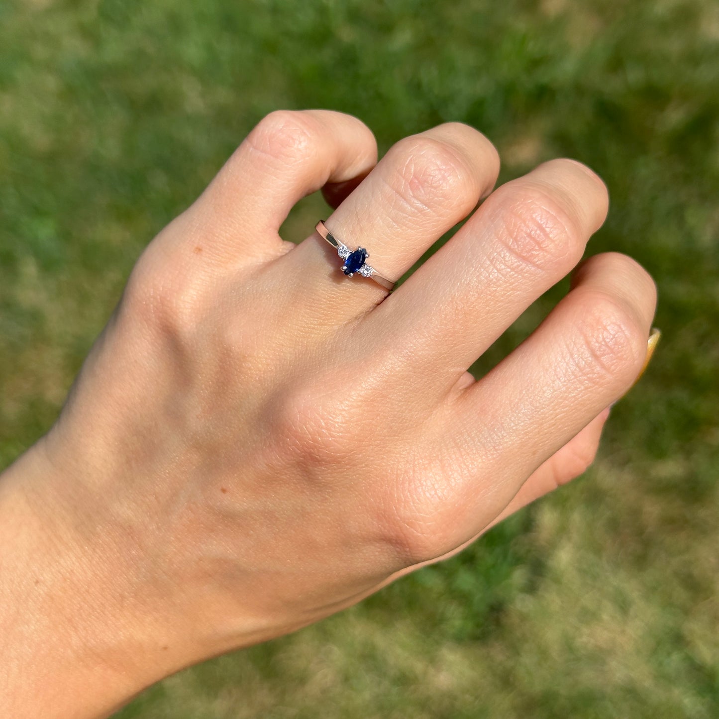 Estate 14KT White Gold Marquise Blue Sapphire + Diamond Ring