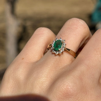 Estate 14KT Yellow Gold Oval Emerald + Diamond Halo Ring