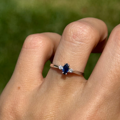 Estate 14KT White Gold Marquise Blue Sapphire + Diamond Ring