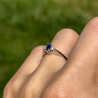 Estate 14KT White Gold Marquise Blue Sapphire + Diamond Ring
