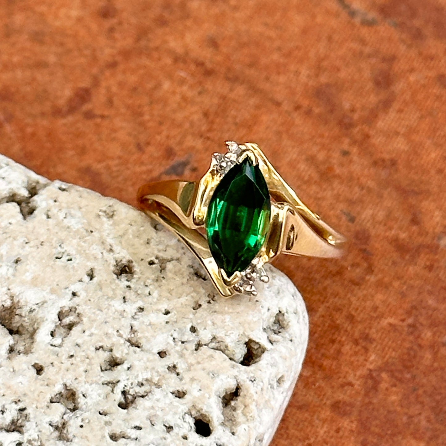 Estate 10KT Yellow Gold Lab Marquise Emerald + Diamond Ring