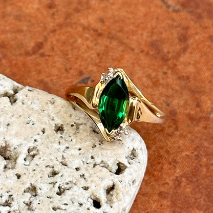 Estate 10KT Yellow Gold Lab Marquise Emerald + Diamond Ring