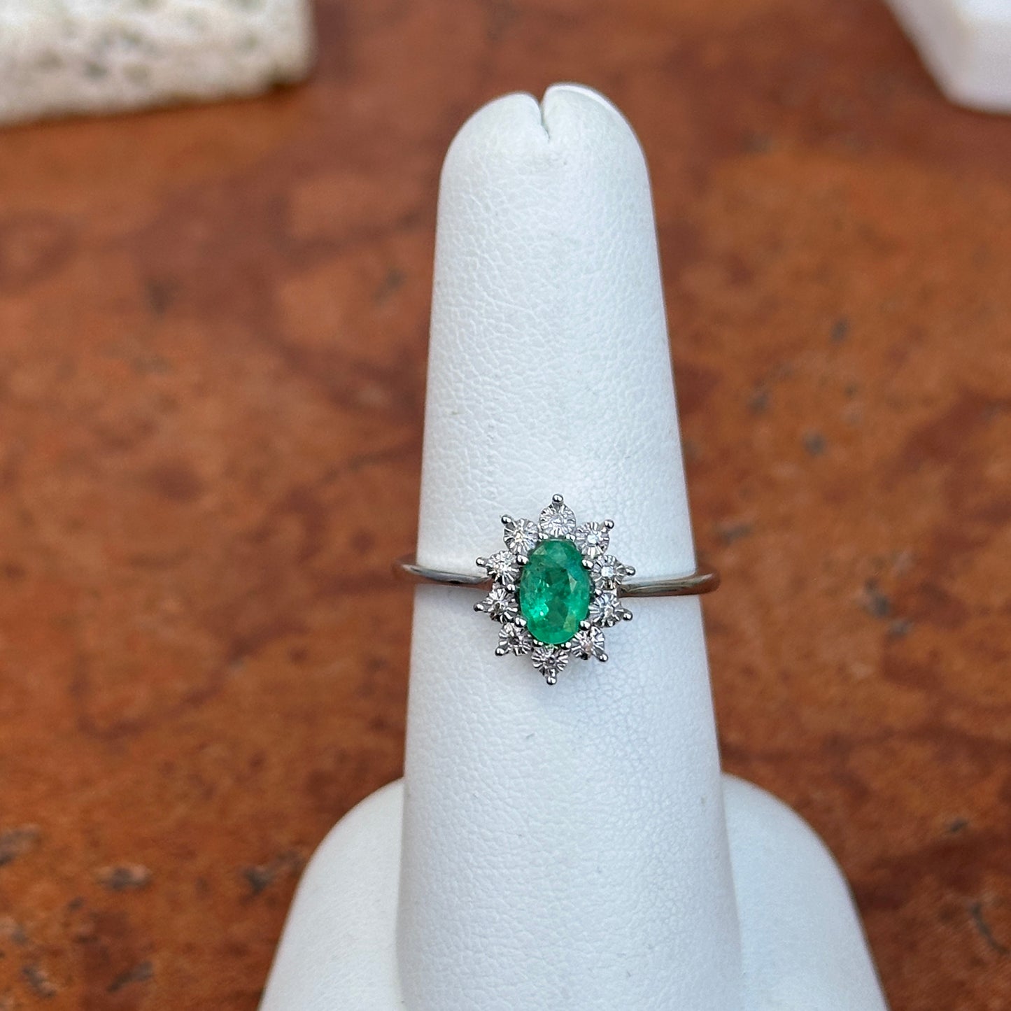 Estate  14KT White Gold Oval Emerald + Diamond Halo Ring