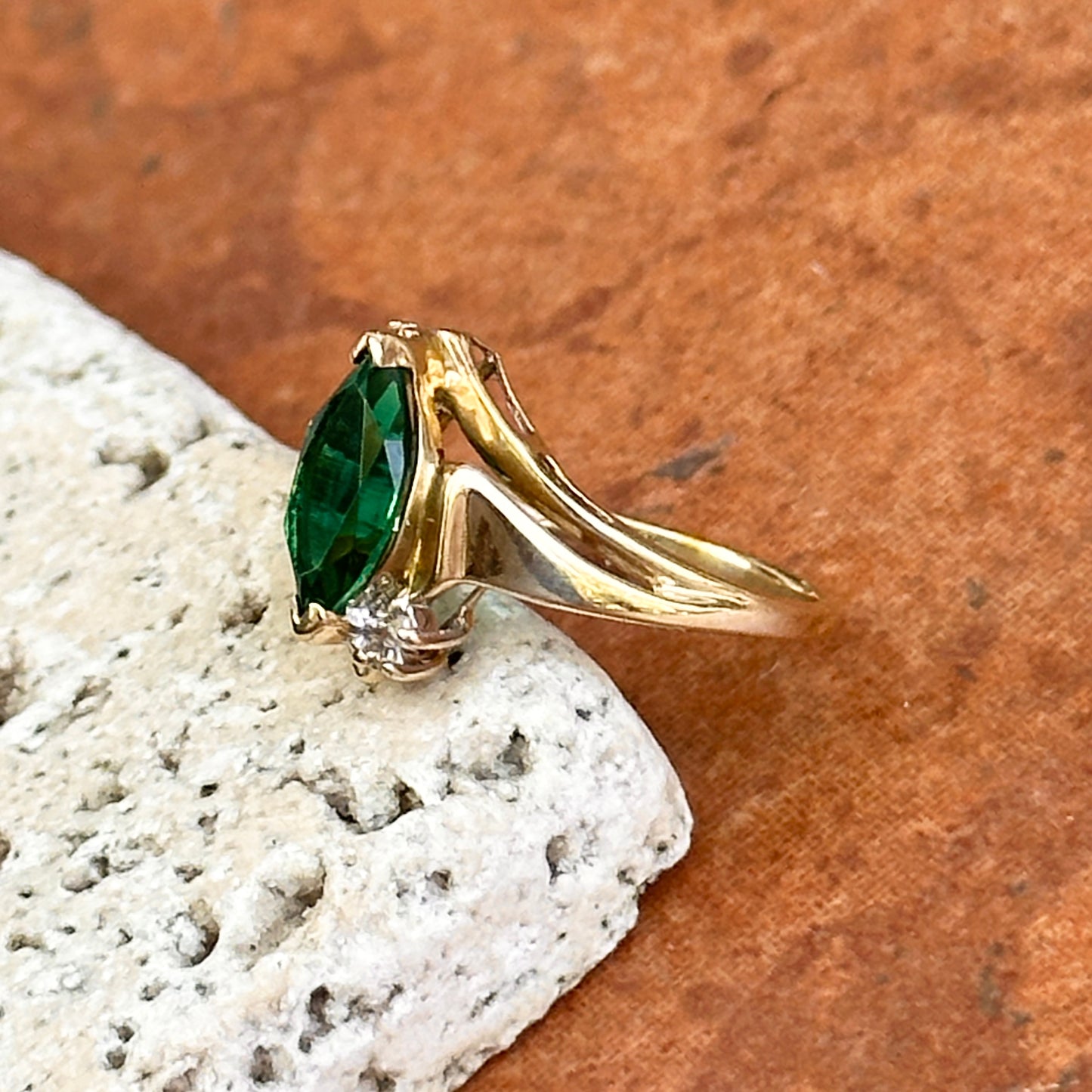 Estate 10KT Yellow Gold Lab Marquise Emerald + Diamond Ring
