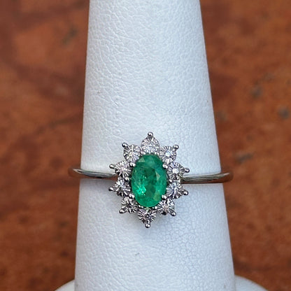 Estate  14KT White Gold Oval Emerald + Diamond Halo Ring