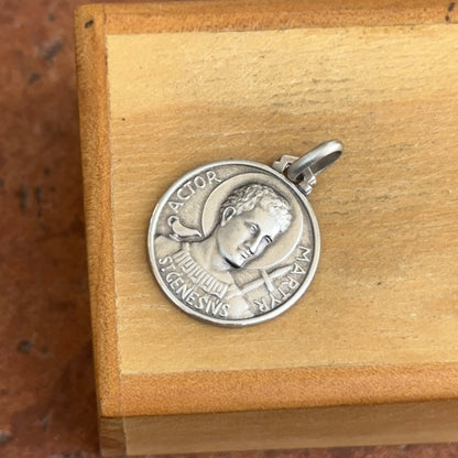 Sterling Silver Antiqued St Genesius of Rome Round Medal Pendant 18mm - LSJ
