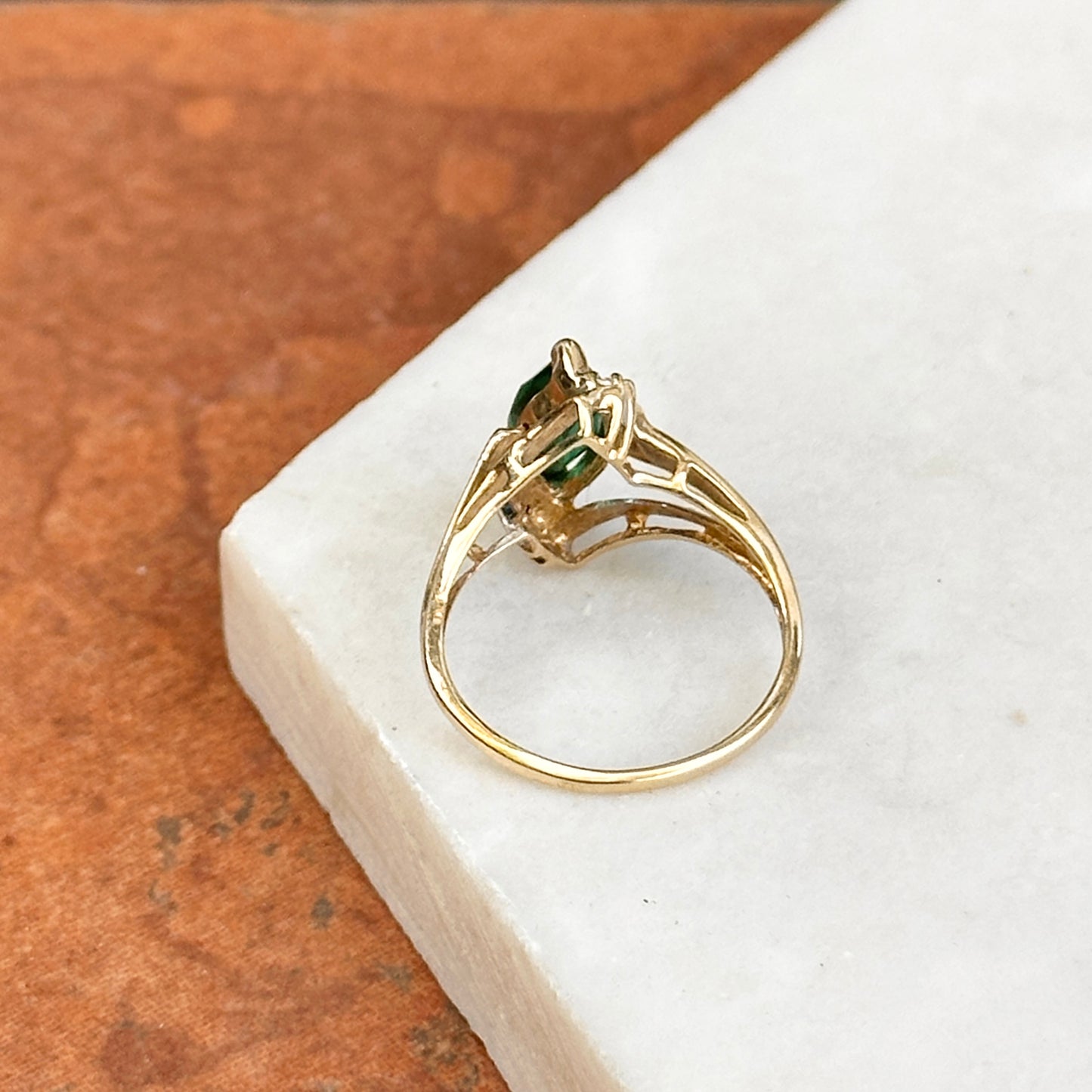 Estate 10KT Yellow Gold Lab Marquise Emerald + Diamond Ring