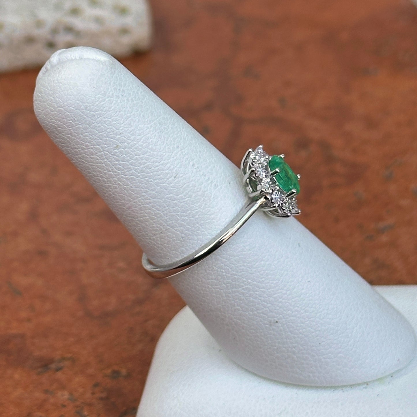 Estate  14KT White Gold Oval Emerald + Diamond Halo Ring