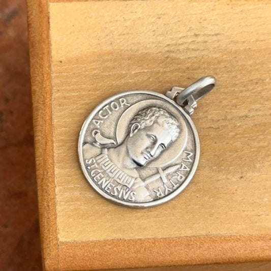 Sterling Silver Antiqued St Genesius of Rome Round Medal Pendant 18mm
