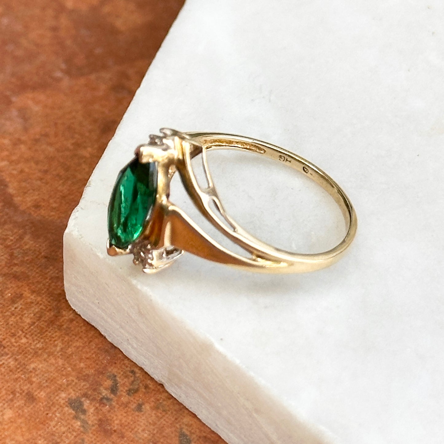 Estate 10KT Yellow Gold Lab Marquise Emerald + Diamond Ring