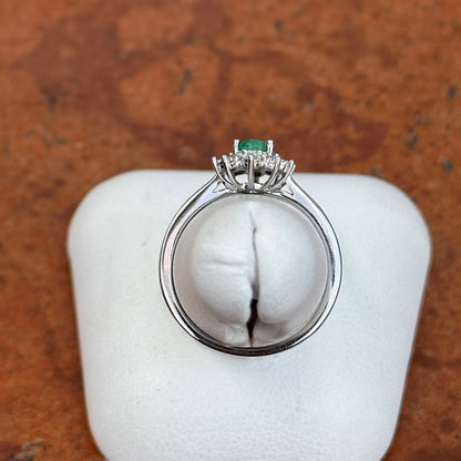 Estate  14KT White Gold Oval Emerald + Diamond Halo Ring