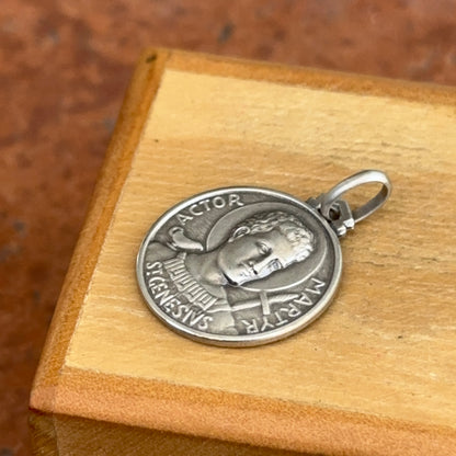 Sterling Silver Antiqued St Genesius of Rome Round Medal Pendant 18mm - LSJ