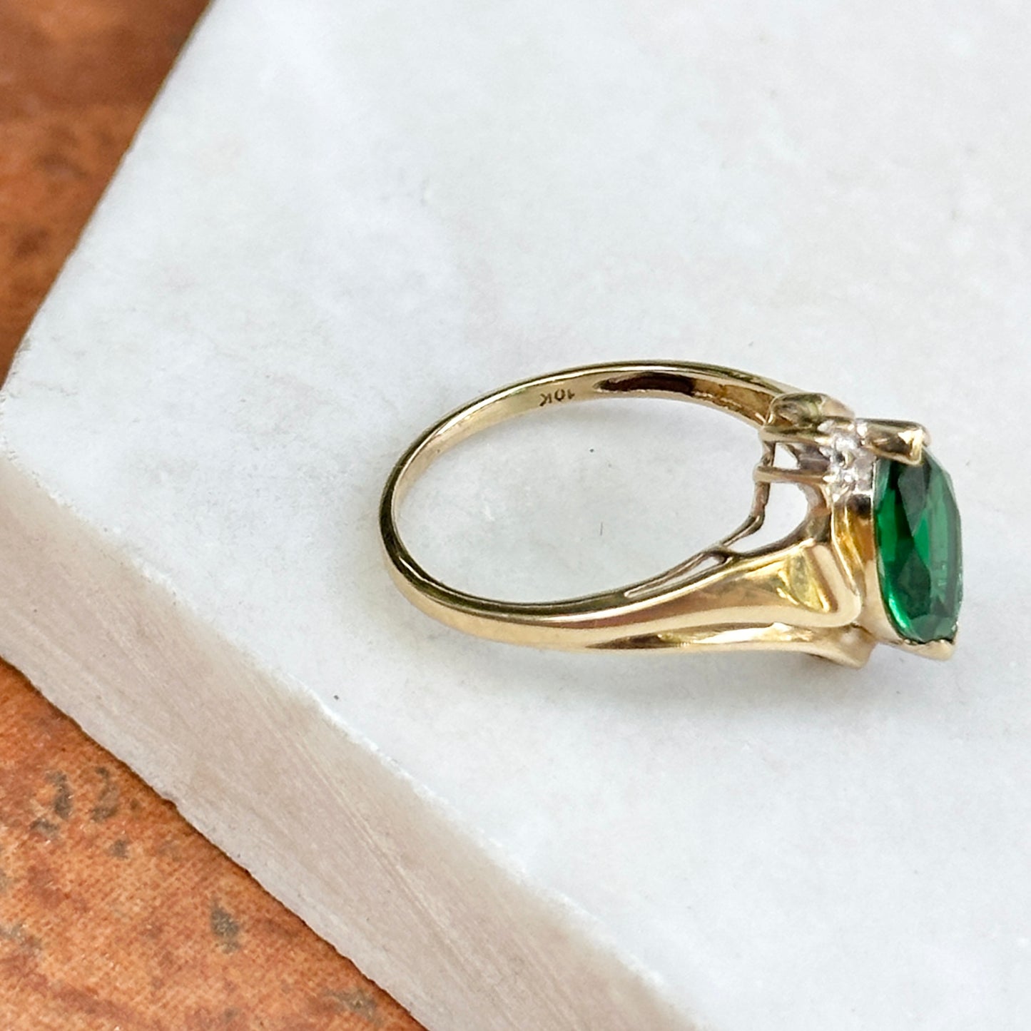 Estate 10KT Yellow Gold Lab Marquise Emerald + Diamond Ring