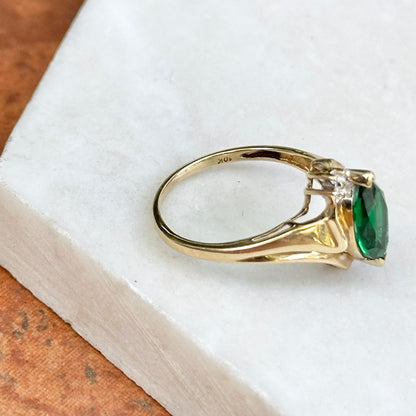 Estate 10KT Yellow Gold Lab Marquise Emerald + Diamond Ring